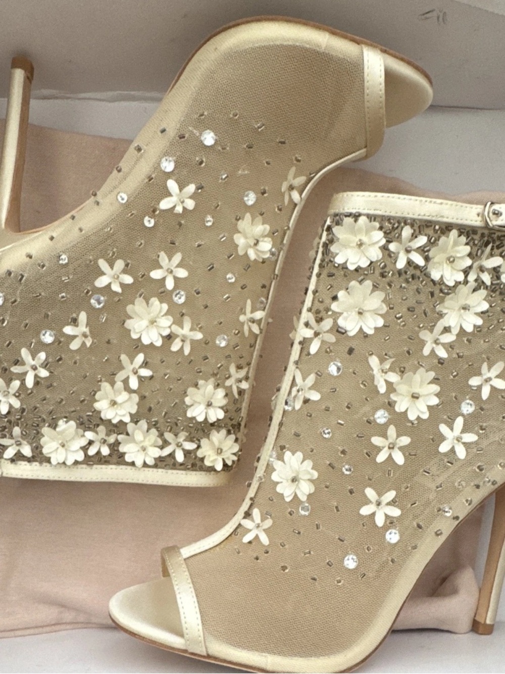 Badgley Mischka Ivory Floral Mesh Peep-Toe Heeled Booties